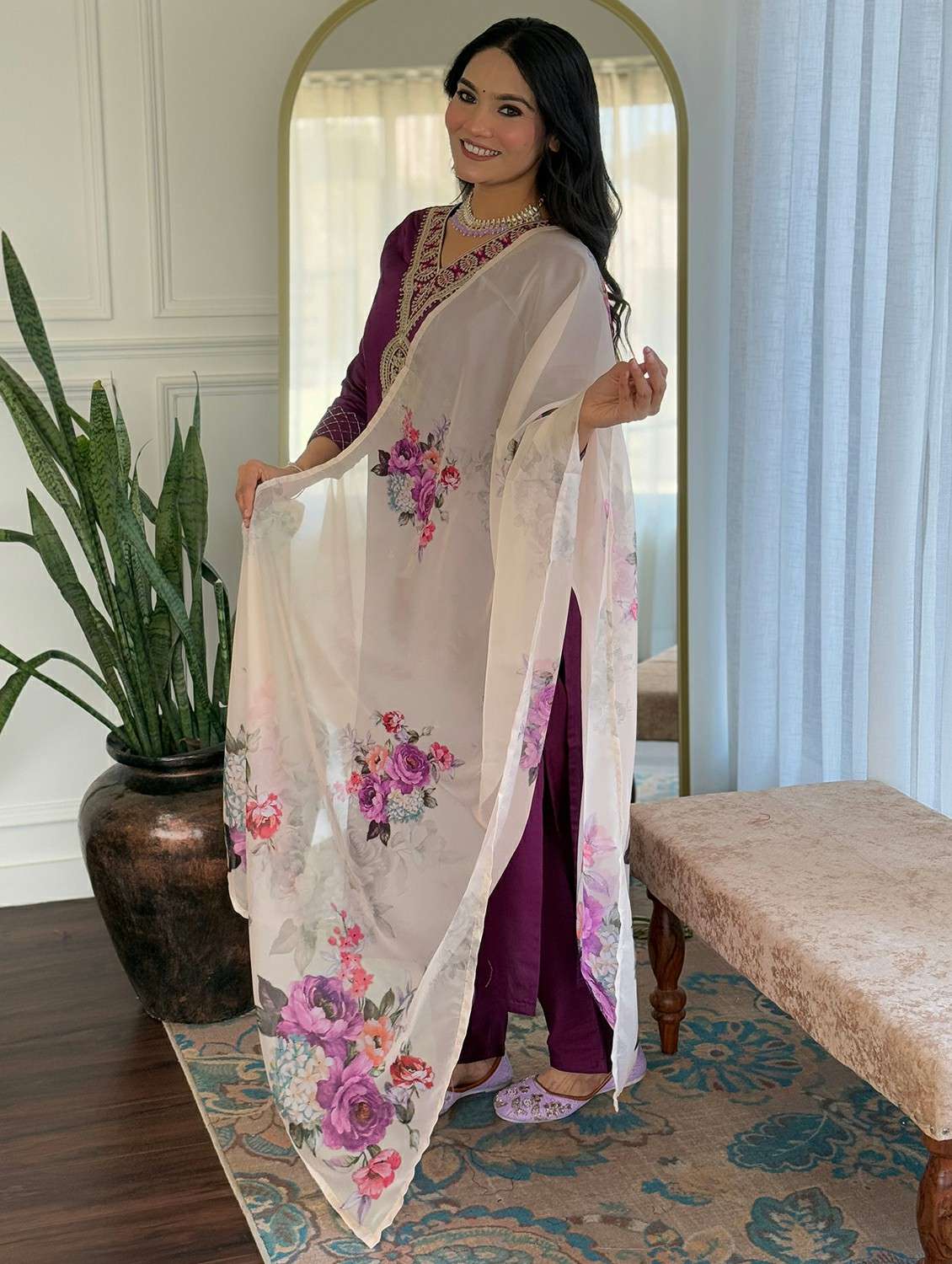 women solid with work three quarter sleeve kurta pant with dupatta set - 22393518 -  Standard Image - 3