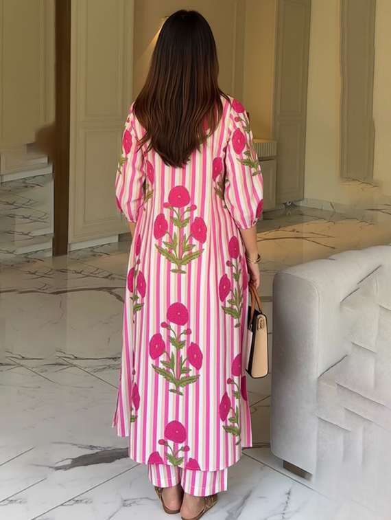 women printed three quarter sleeve kurta pant set - 22393560 -  Standard Image - 3