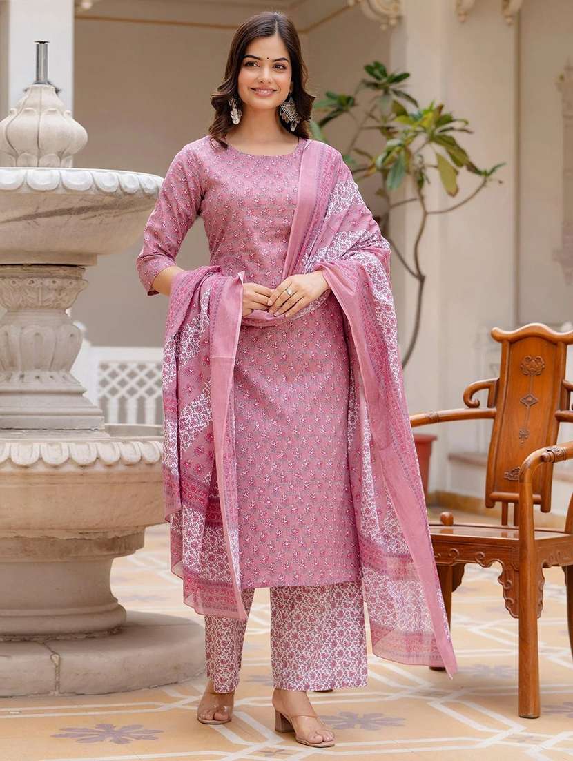 women printed three quarter sleeve kurta pant with dupatta set