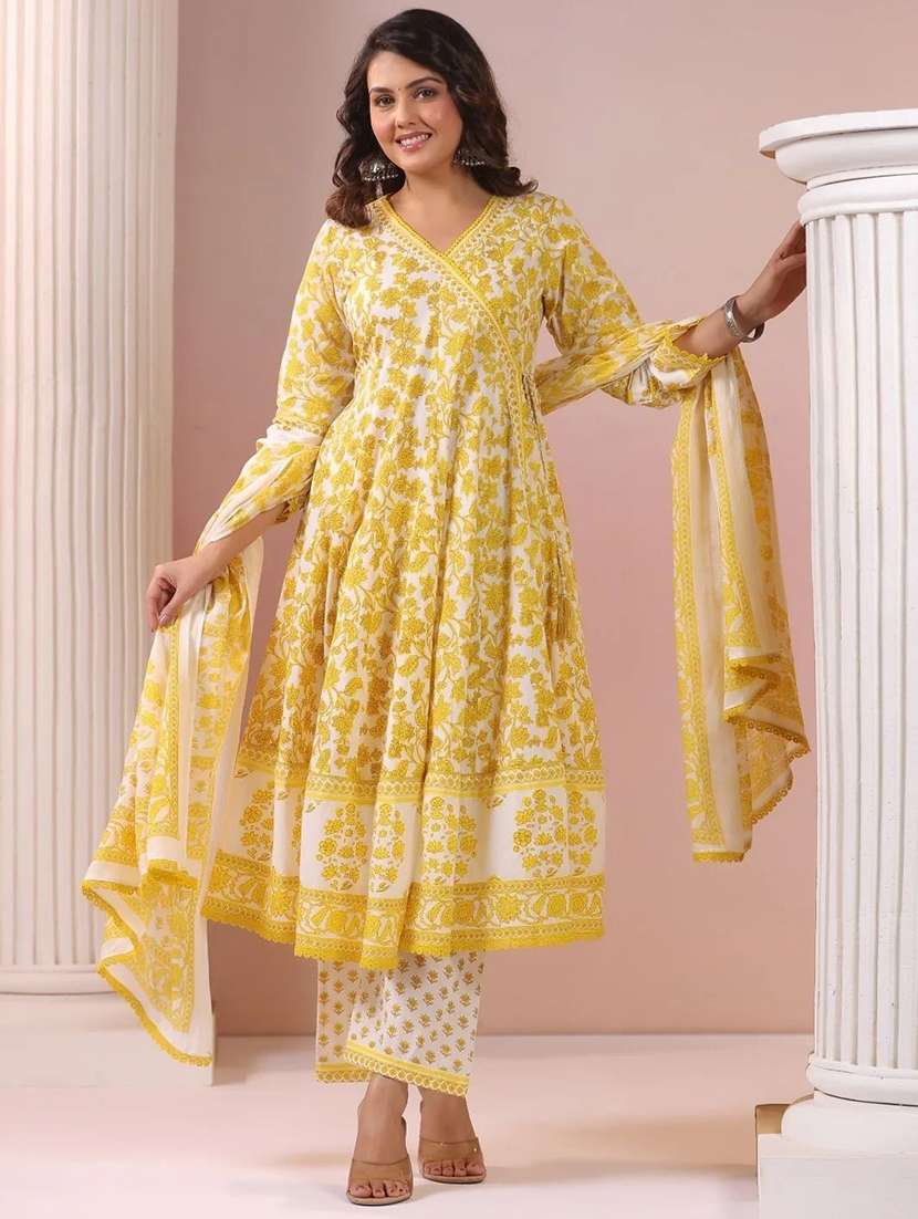 women printed long sleeve kurta pant with dupatta set