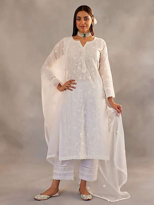 Women Solid With Work Three Quarter Sleeve Kurta Pant With Dupatta Set