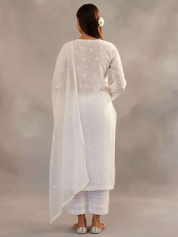 women solid with work three quarter sleeve kurta pant with dupatta set - 22393594 -  Standard Image - 3