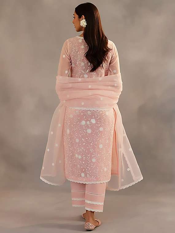 women solid with work three quarter sleeve kurta pant with dupatta set - 22393596 -  Standard Image - 3