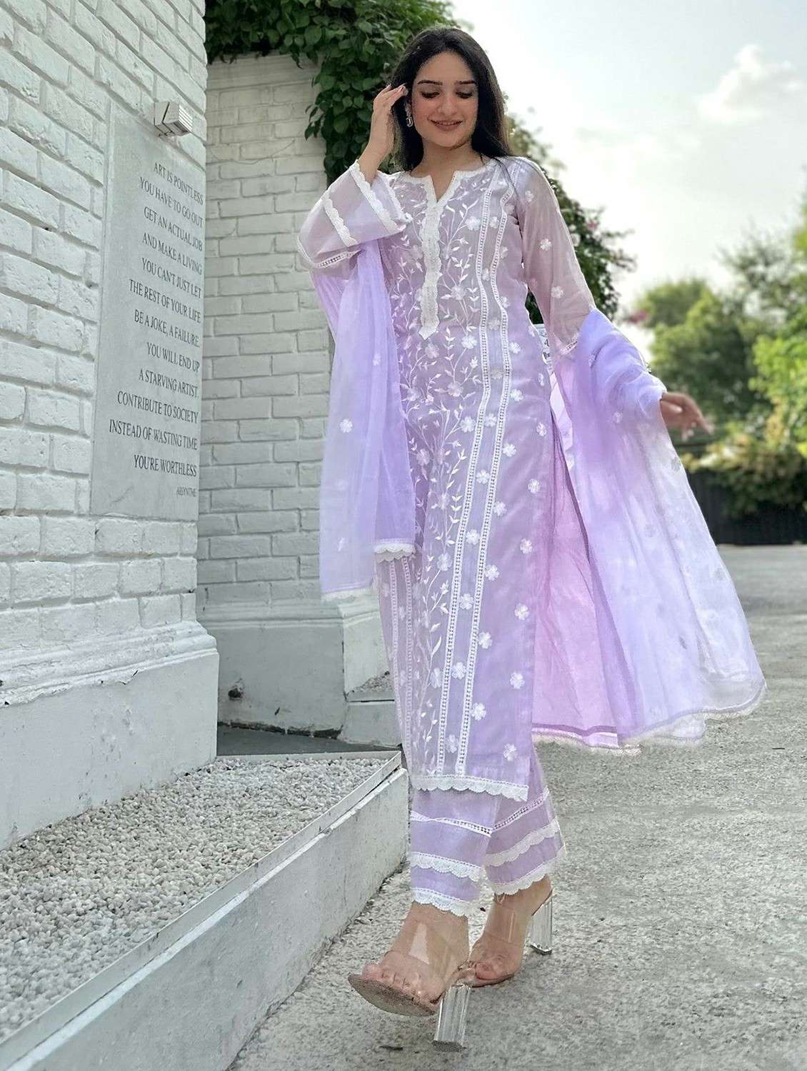 women solid with work three quarter sleeve kurta pant with dupatta set