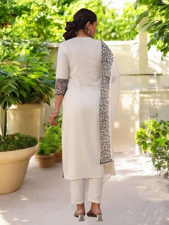 women solid with work three quarter sleeve kurta pant with dupatta set - 22393600 -  Standard Image - 3