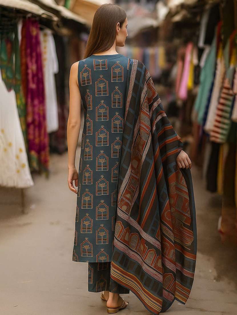 women printed sleeveless kurta palazzo with dupatta set - 22393607 -  Standard Image - 3