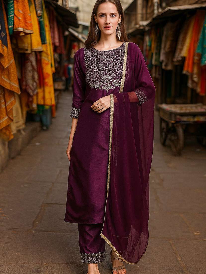 women solid with work three quarter sleeve kurta pant with dupatta set