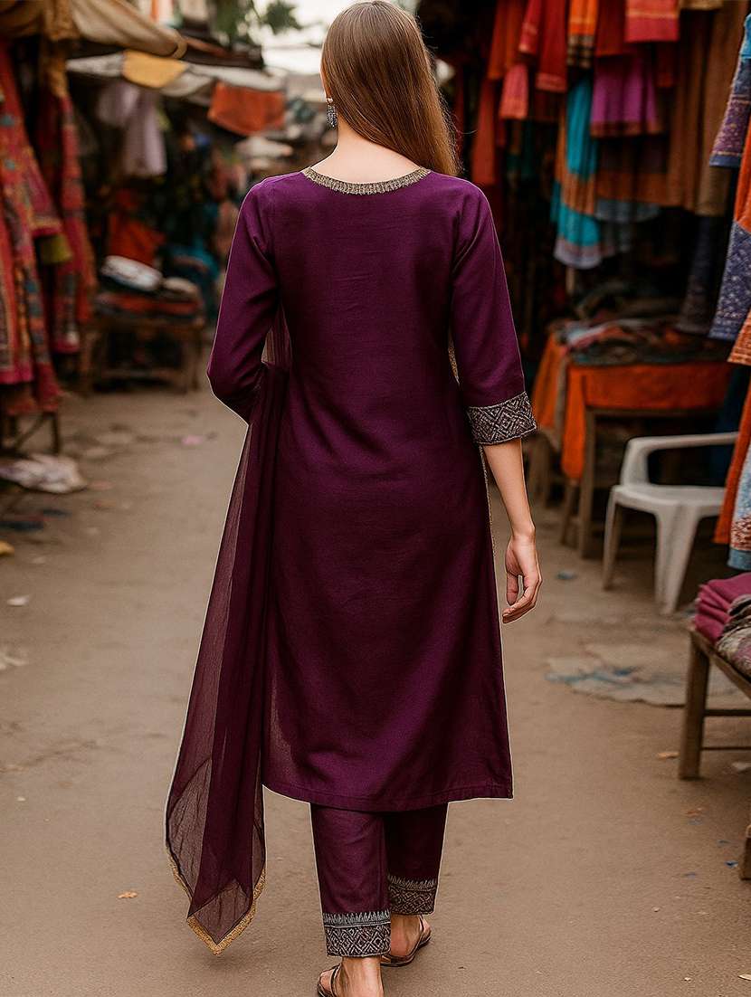 women solid with work three quarter sleeve kurta pant with dupatta set - 22393612 -  Standard Image - 3