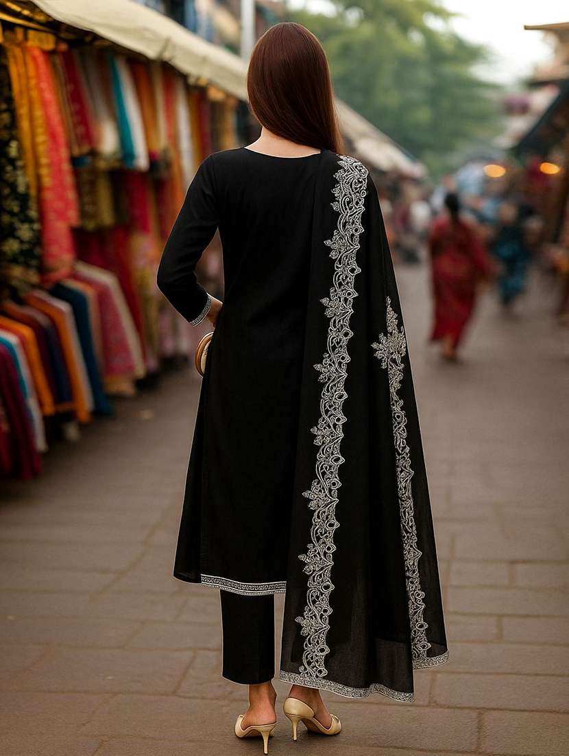Women Solid With Work Three Quarter Sleeve Kurta Pant With Dupatta Set - 22393614 -  Standard Image - 3