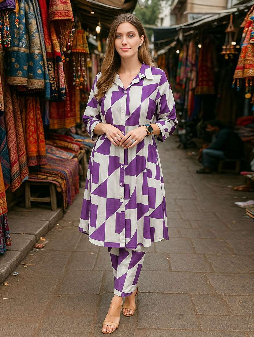 women printed three quarter sleeve ethnic co-ord set