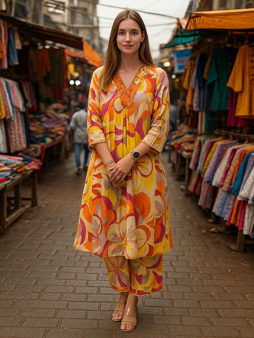 women printed three quarter sleeve ethnic co-ord set