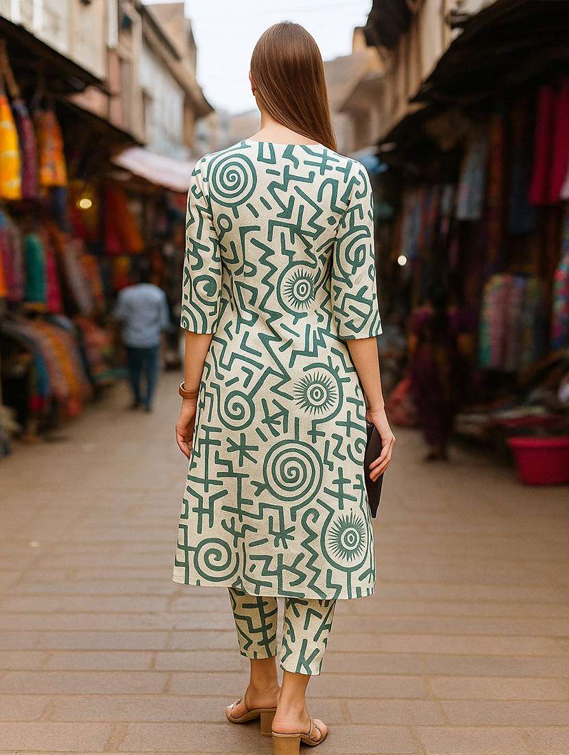 women printed three quarter sleeve kurta pant set - 22393621 -  Standard Image - 3