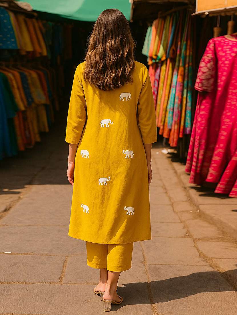 women solid with work three quarter sleeve kurta pant set - 22393632 -  Standard Image - 3