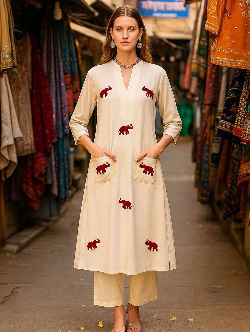 women solid with work three quarter sleeve kurta pant set