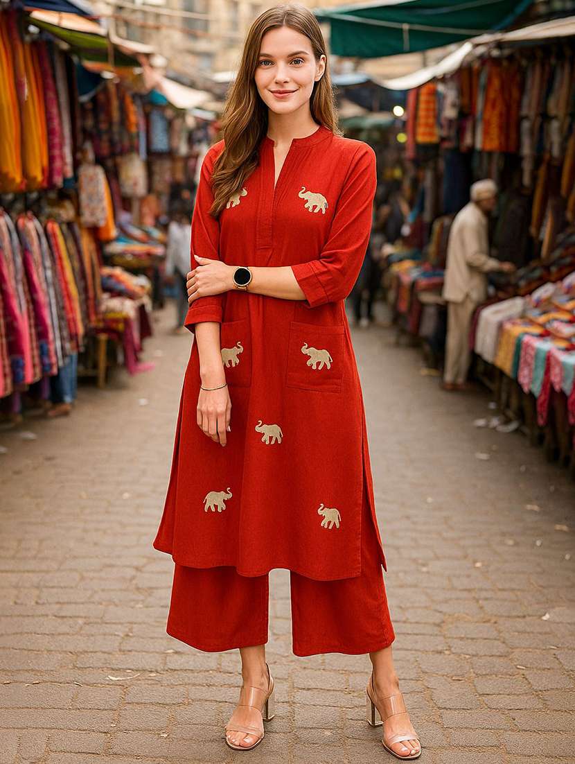 women solid with work three quarter sleeve kurta pant set