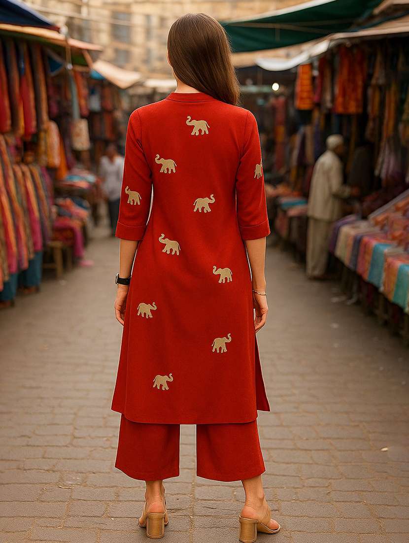 women solid with work three quarter sleeve kurta pant set - 22393636 -  Standard Image - 3