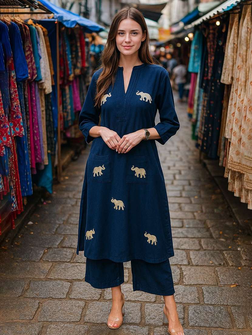 women solid with work three quarter sleeve kurta pant set