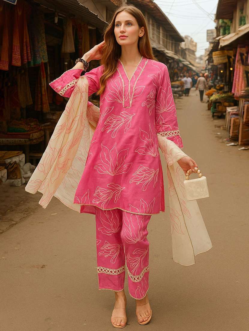 women printed long sleeve kurta pant with dupatta set