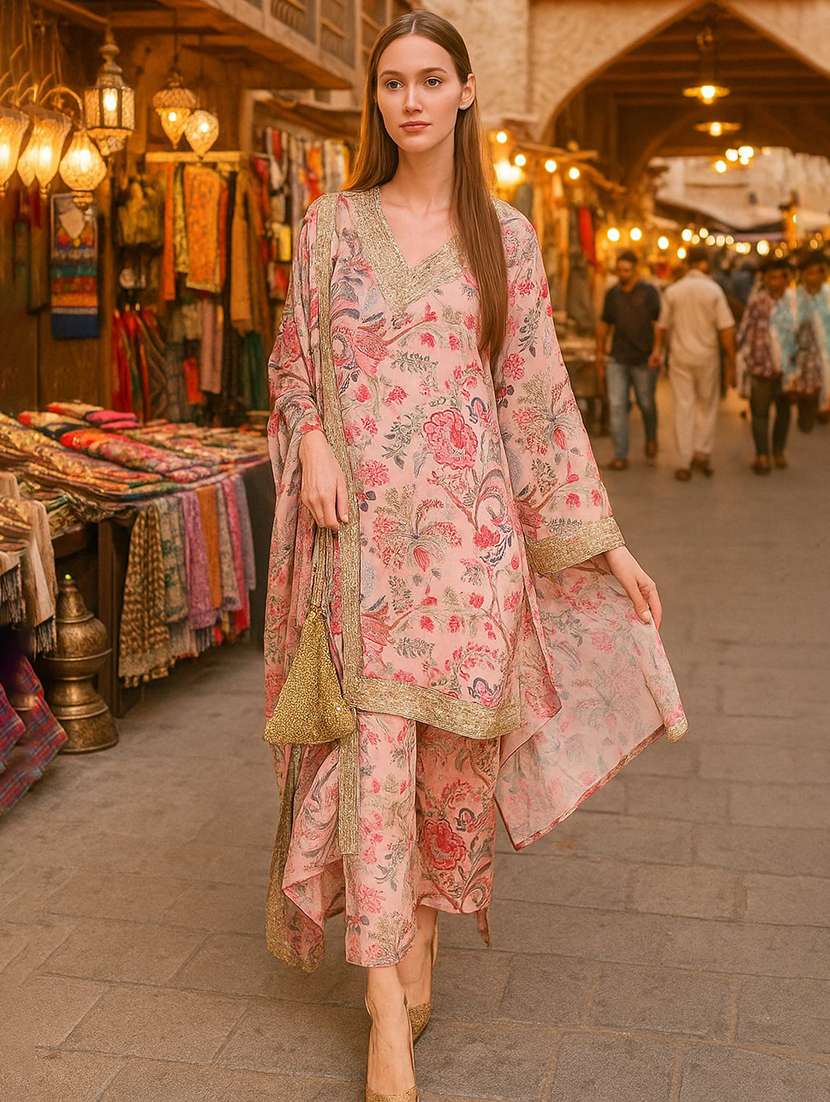 women printed long sleeve kurta pant with dupatta set