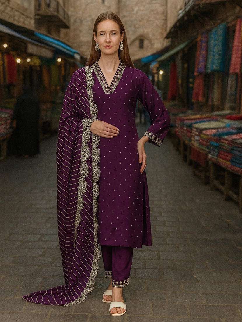 women self design three quarter sleeve kurta pant with dupatta set