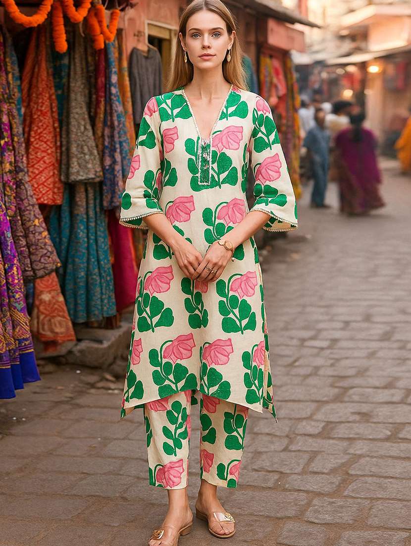 women printed three quarter sleeve kurta pant set