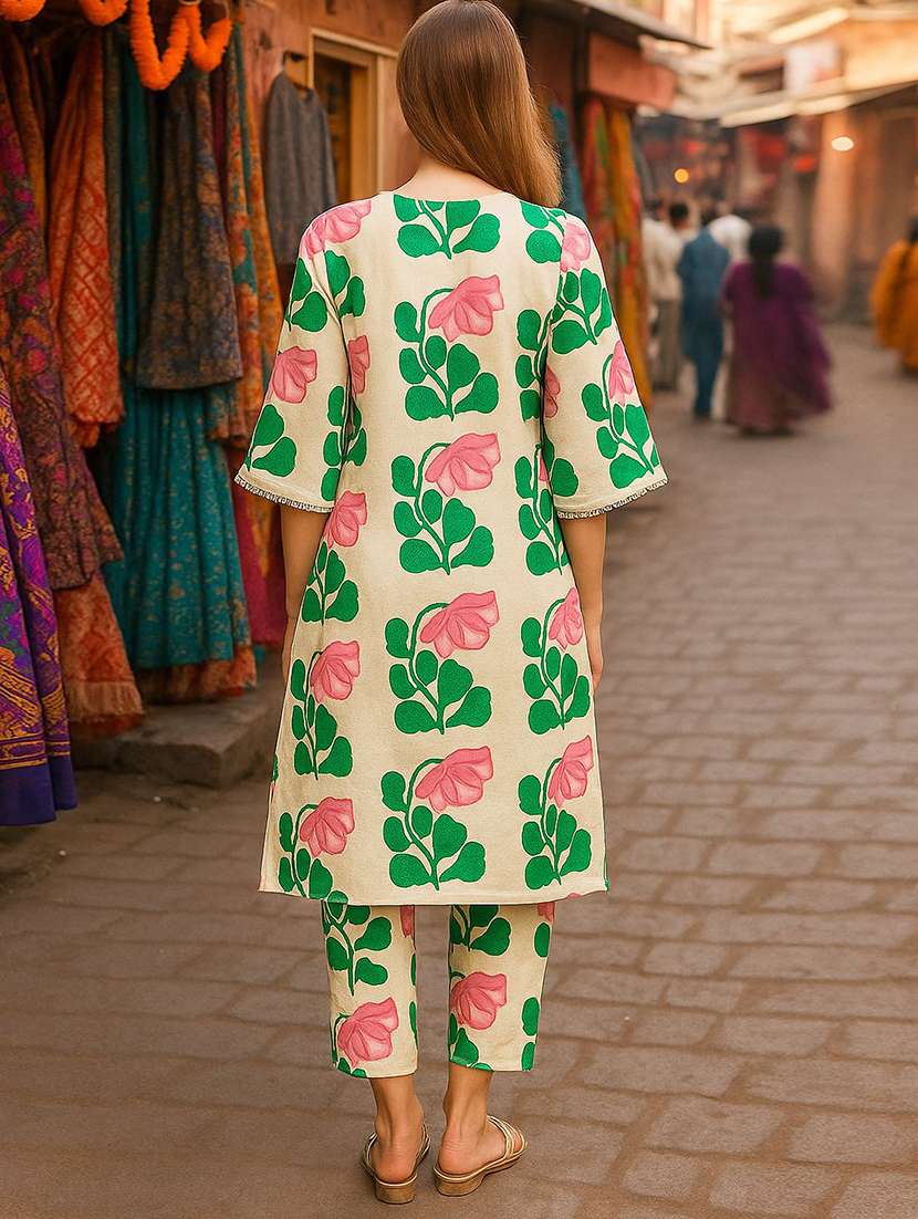 women printed three quarter sleeve kurta pant set - 22393691 -  Standard Image - 3