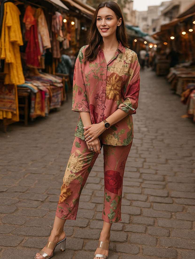 women printed three quarter sleeve ethnic co-ord set