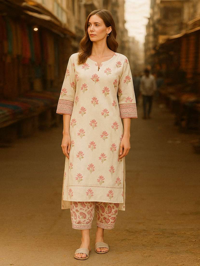 women printed three quarter sleeve kurta salwar set