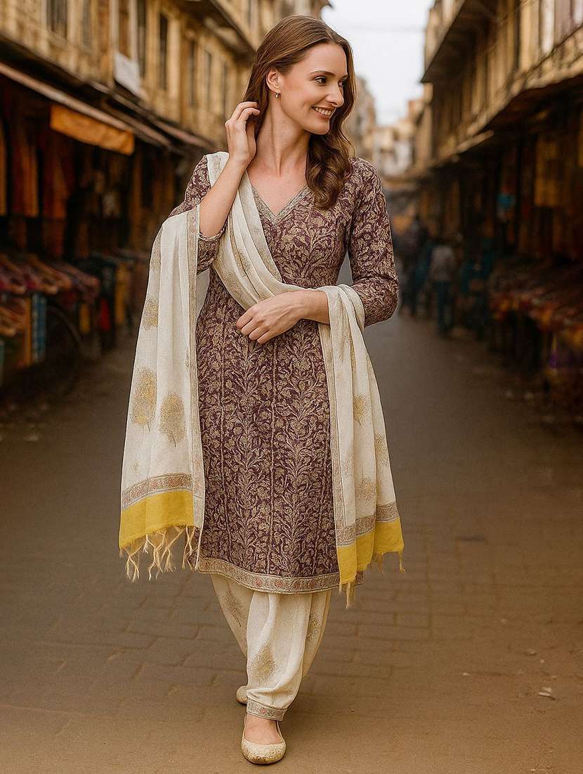 women printed three quarter sleeve kurta salwar with dupatta set - 22393729 -  Standard Image - 3