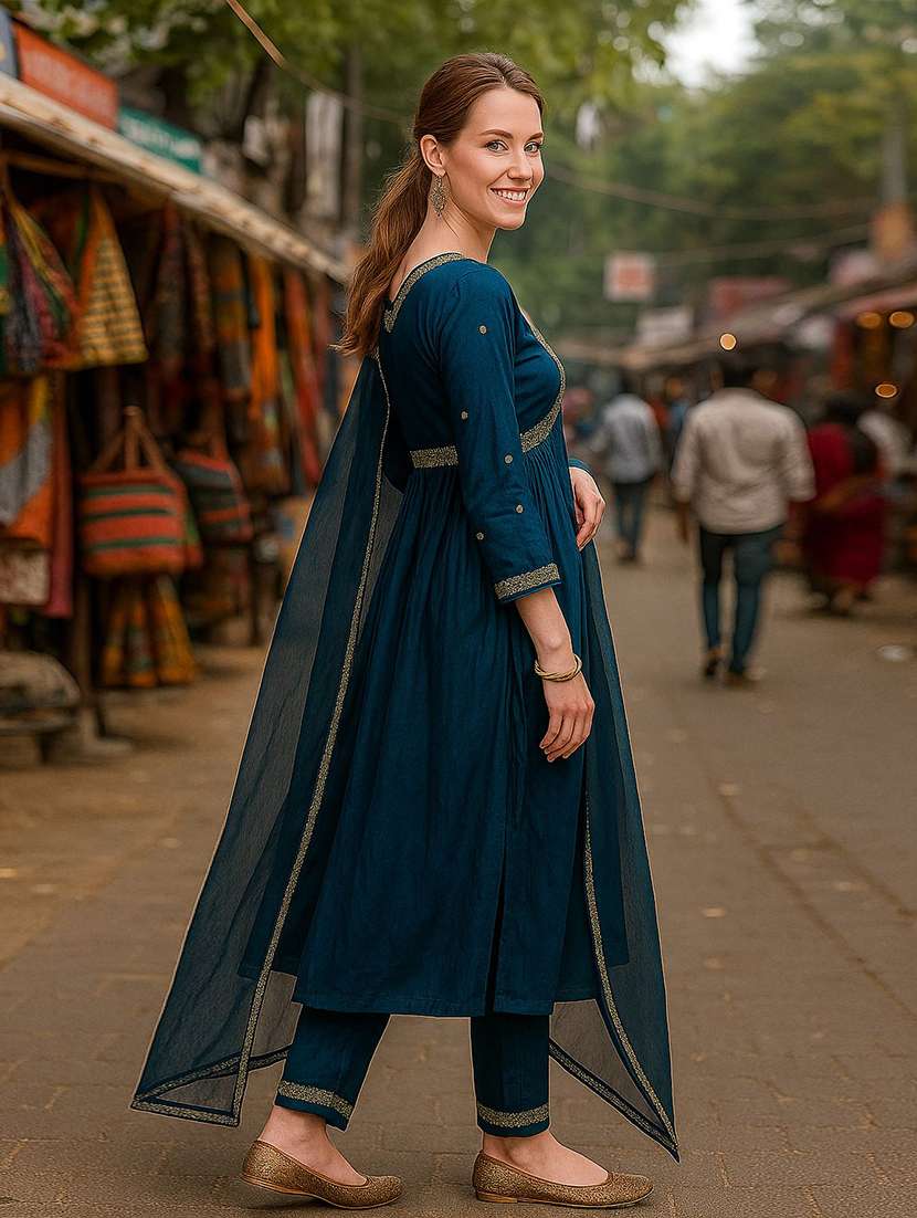 women solid with work three quarter sleeve kurta pant with dupatta set - 22393739 -  Standard Image - 3