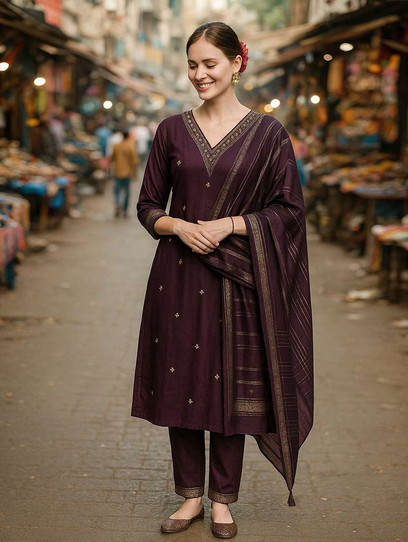 women solid with work three quarter sleeve kurta pant with dupatta set