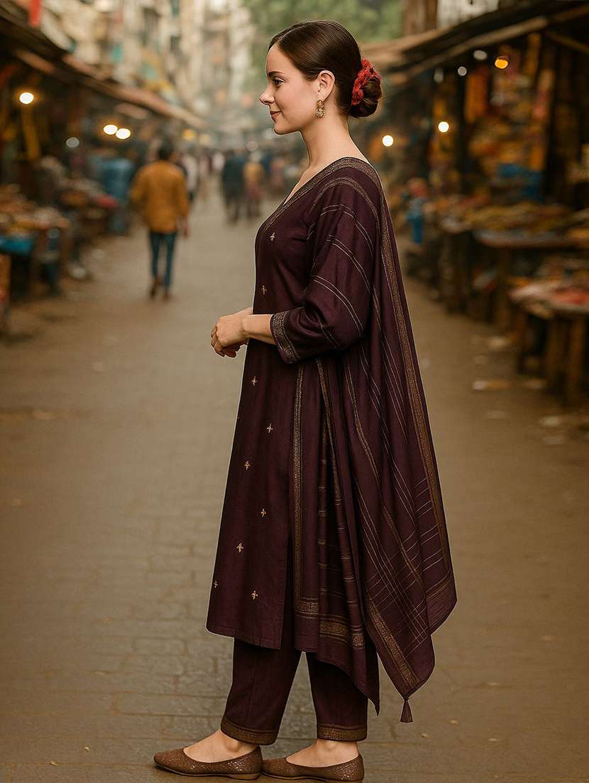 women solid with work three quarter sleeve kurta pant with dupatta set - 22393741 -  Standard Image - 3