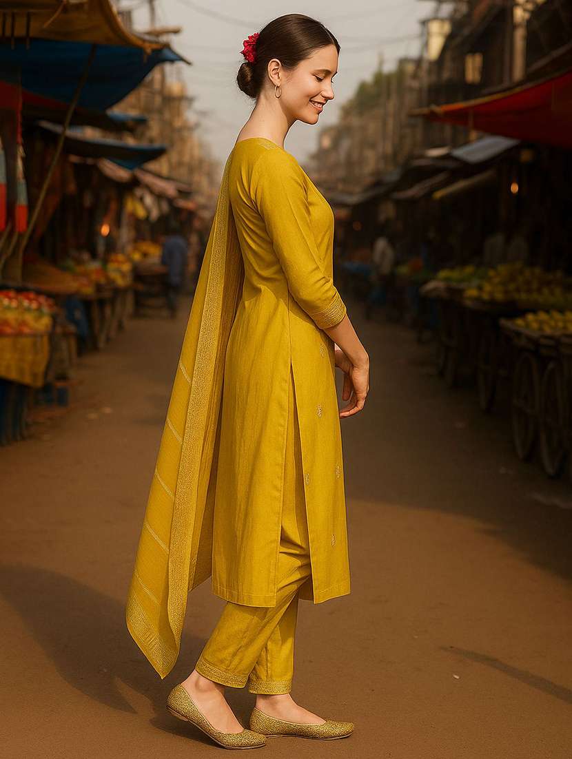 women solid with work three quarter sleeve kurta pant with dupatta set - 22393744 -  Standard Image - 3