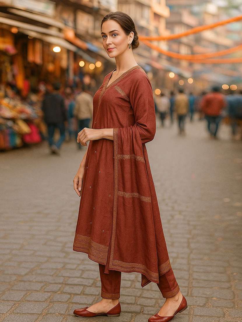 women solid with work three quarter sleeve kurta pant with dupatta set - 22393745 -  Standard Image - 3