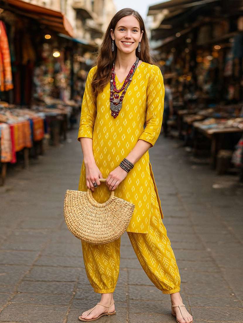 women printed three quarter sleeve kurta salwar set