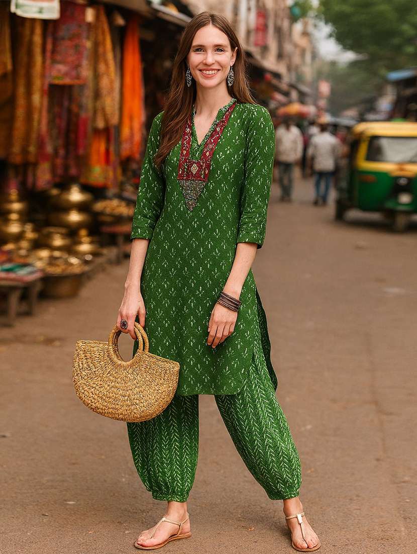 women printed three quarter sleeve kurta salwar set - 22393755 -  Standard Image - 3