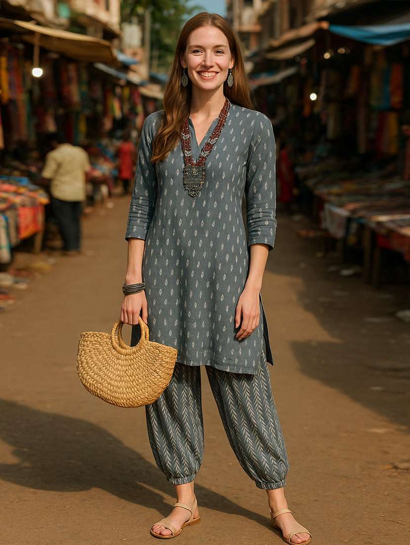 women printed three quarter sleeve kurta salwar set