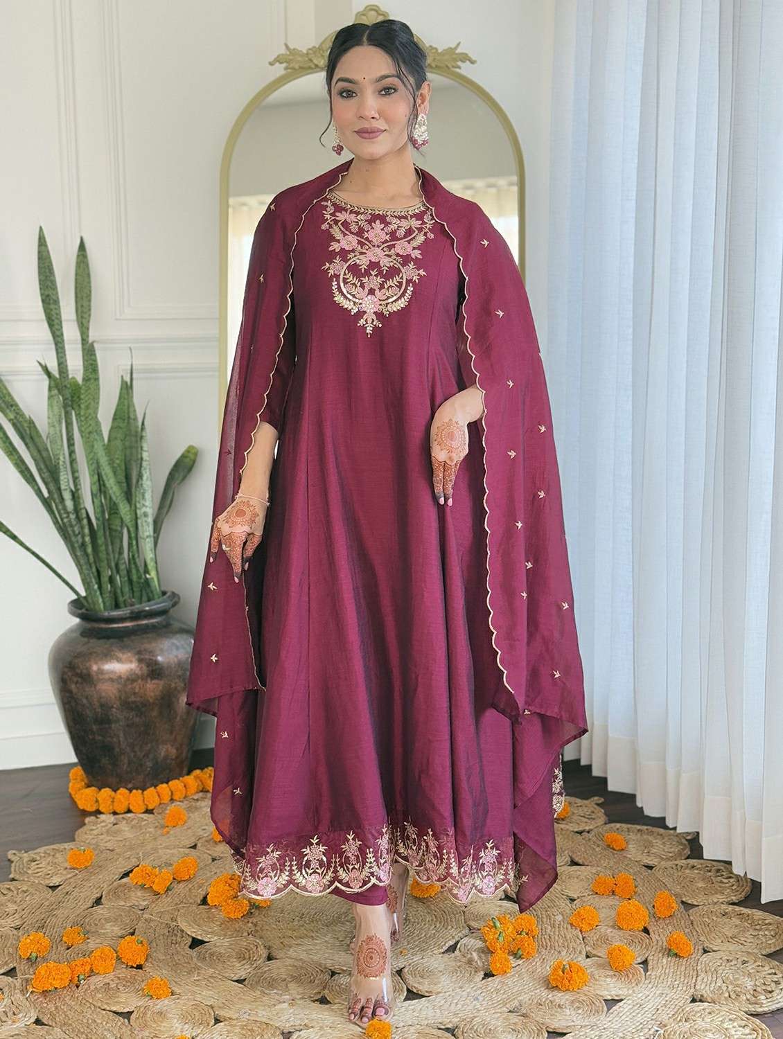 women solid with work three quarter sleeve kurta pant with dupatta set