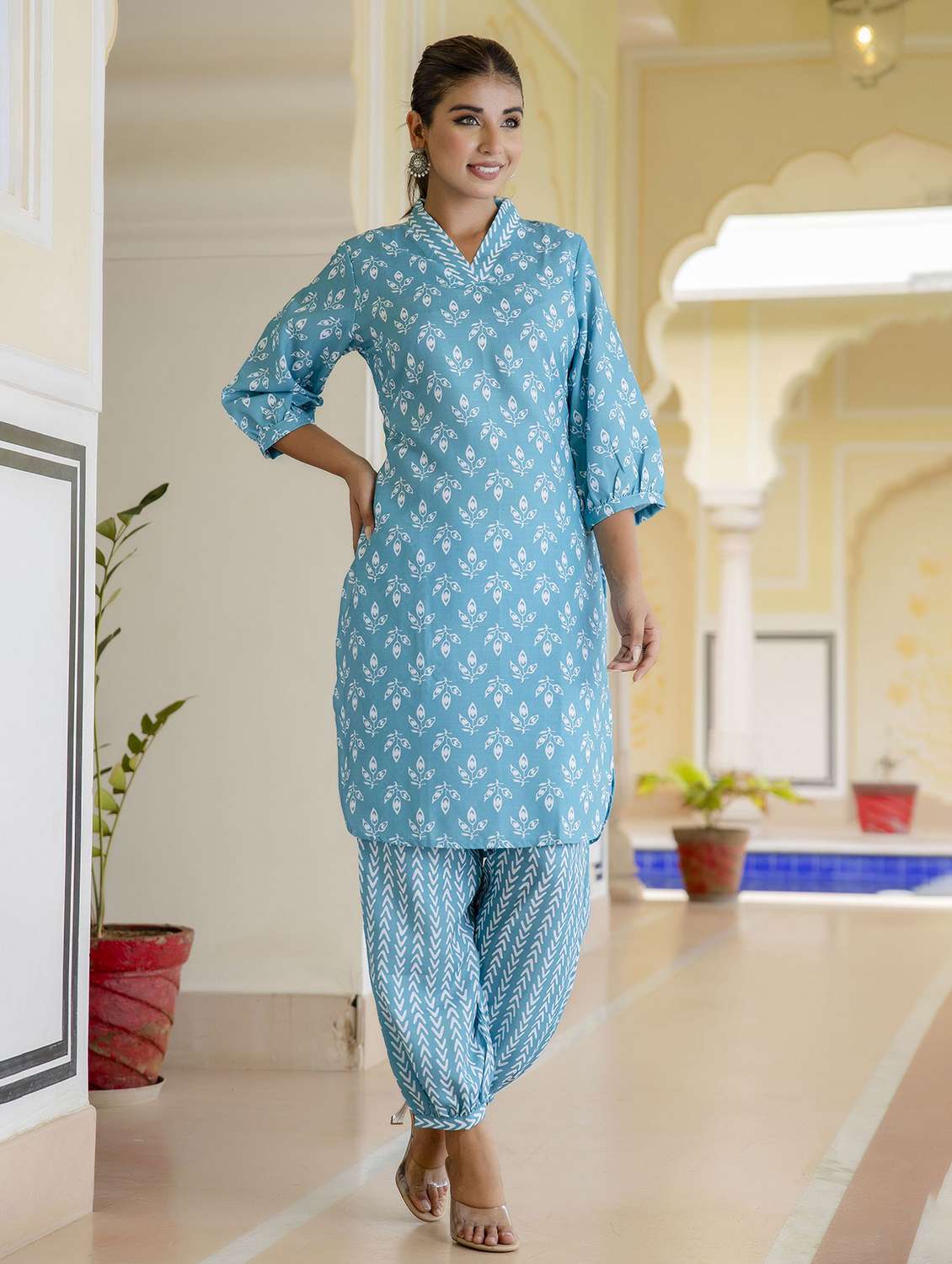 women printed three quarter sleeve kurta salwar set - 22393806 -  Standard Image - 3