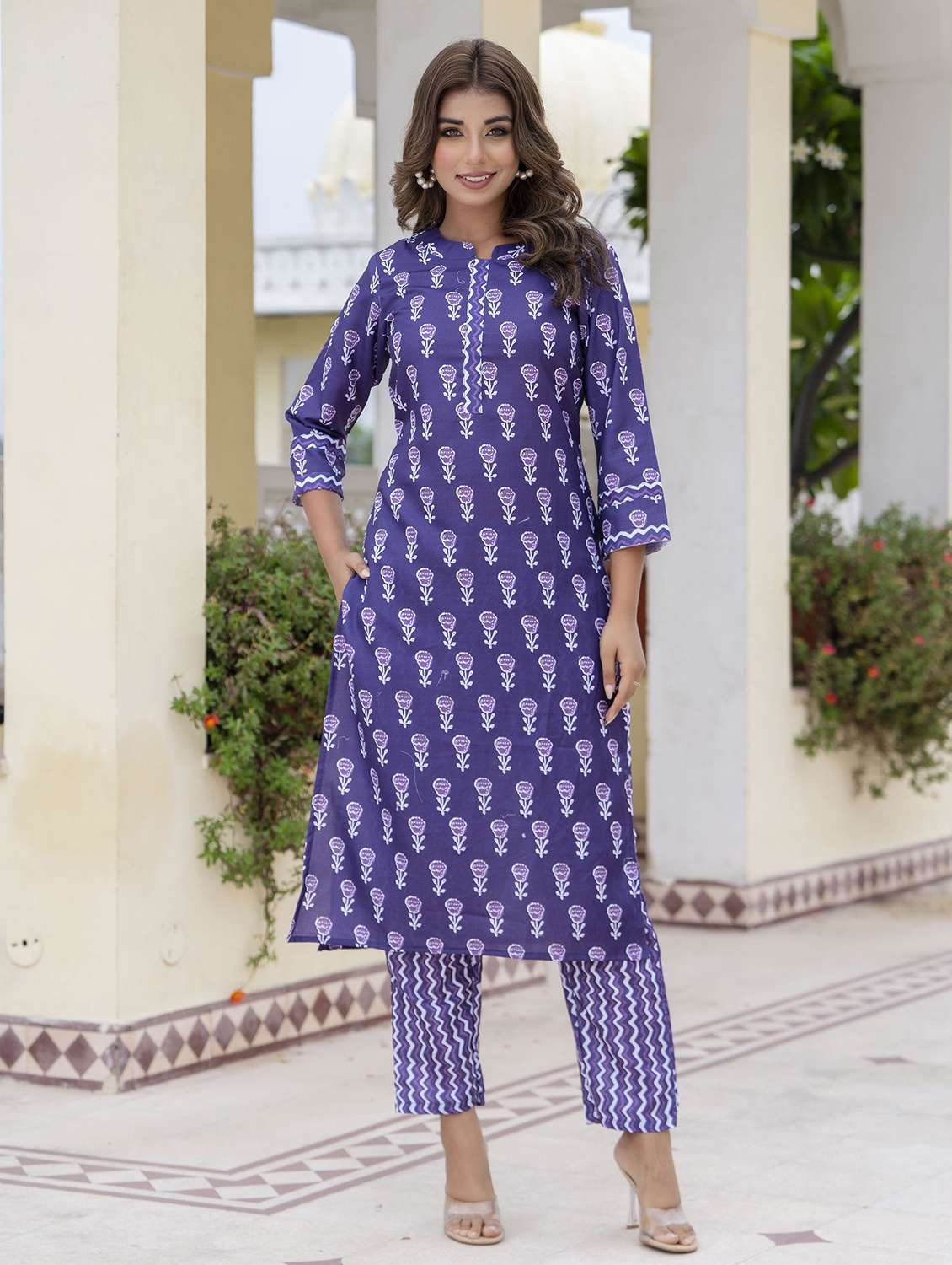 women printed three quarter sleeve kurta pant set