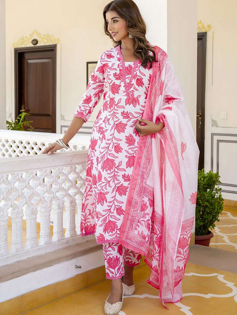 women printed three quarter sleeve kurta pant with dupatta set - 22393819 -  Standard Image - 3