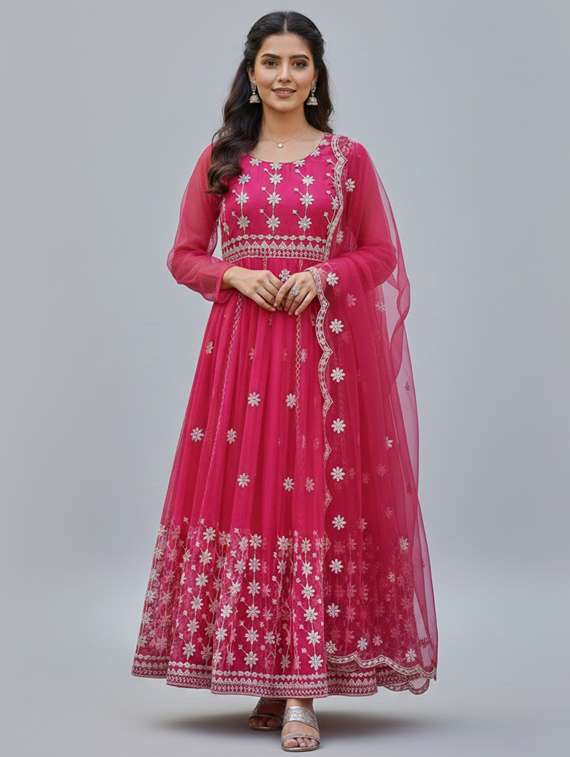 women solid with work semi-stitched gown with dupatta