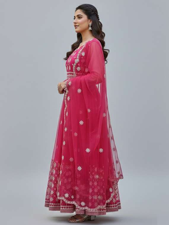 women solid with work semi-stitched gown with dupatta - 22393820 -  Standard Image - 3