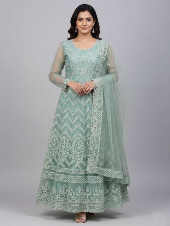women solid with work semi-stitched gown with dupatta