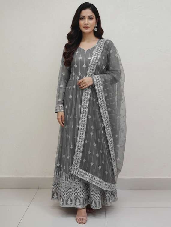 women solid with work semi-stitched gown with dupatta