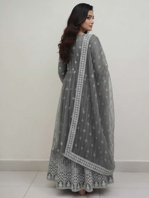 women solid with work semi-stitched gown with dupatta - 22393828 -  Standard Image - 3