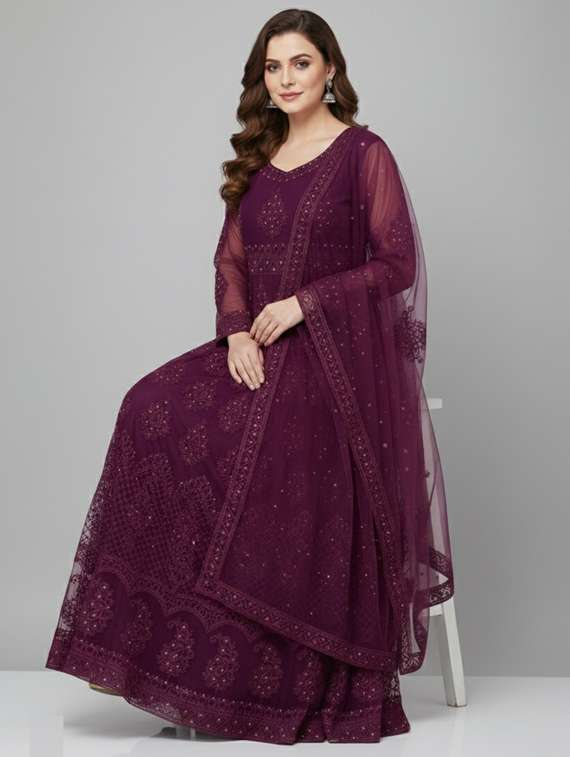 women solid with work semi-stitched gown with dupatta