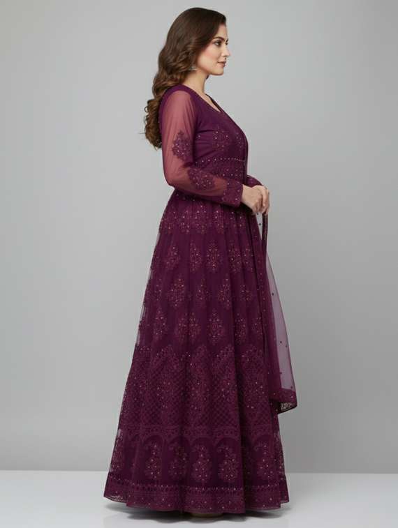 women solid with work semi-stitched gown with dupatta - 22393834 -  Standard Image - 3