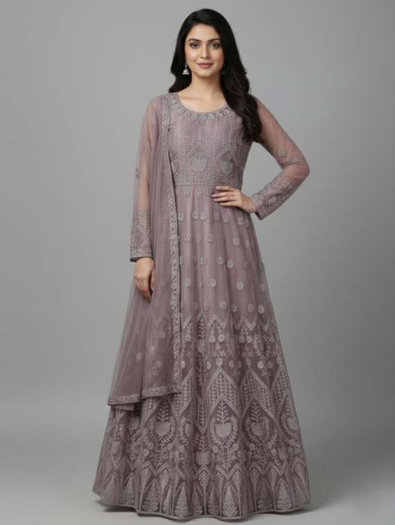 women solid with work semi-stitched gown with dupatta