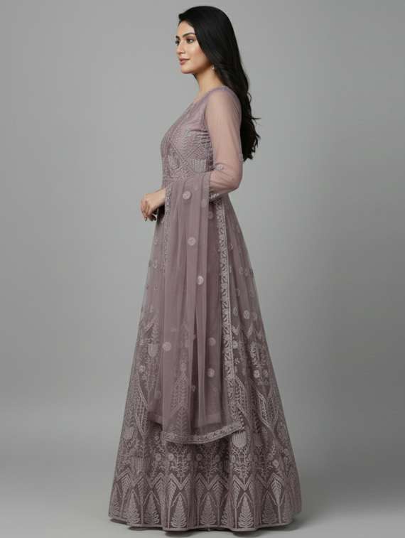 women solid with work semi-stitched gown with dupatta - 22393840 -  Standard Image - 3